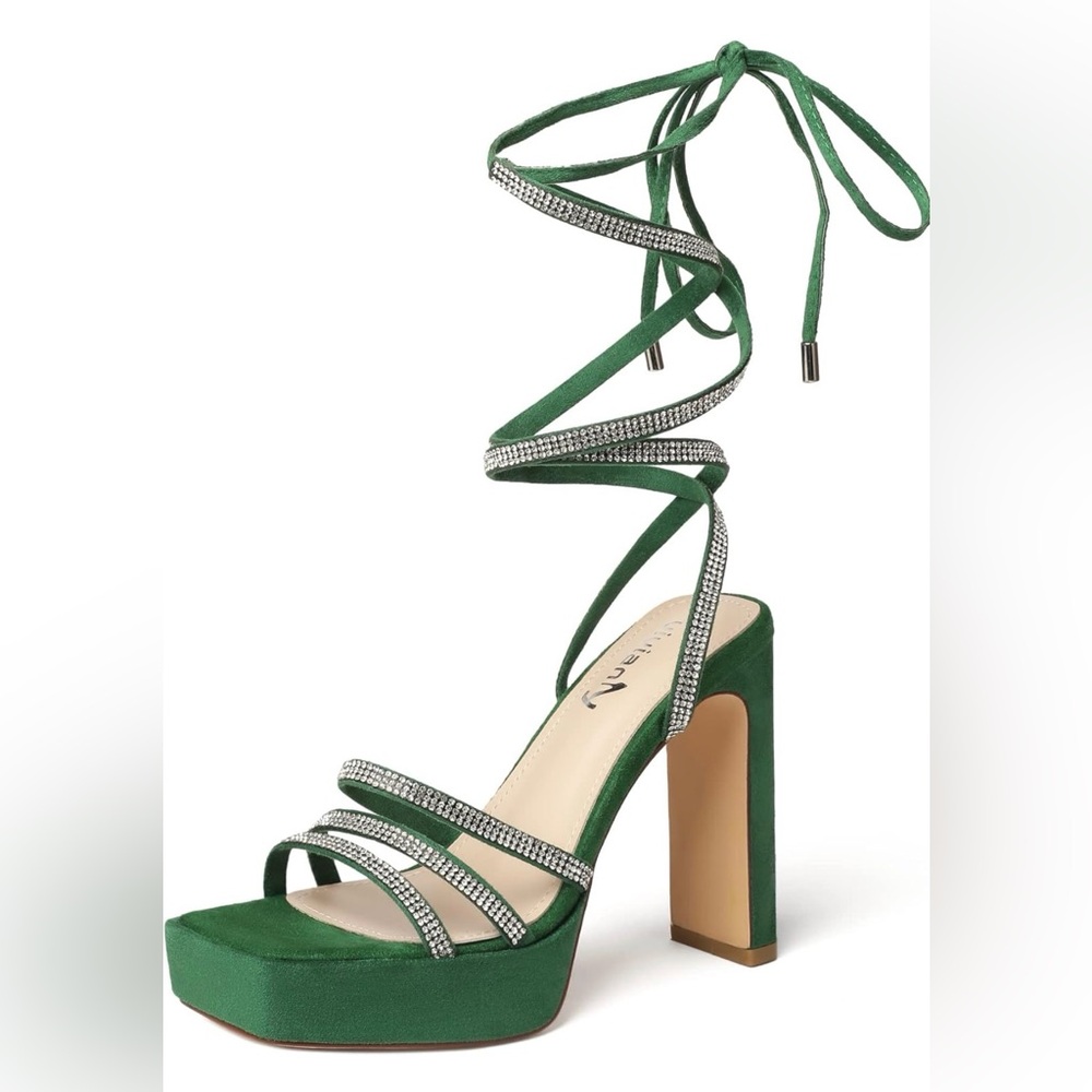 Vivianly Green Strappy Heels with Rhinestones